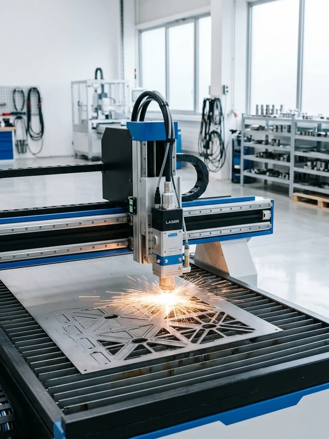 A CNC machine and a specialist in a modern workshop